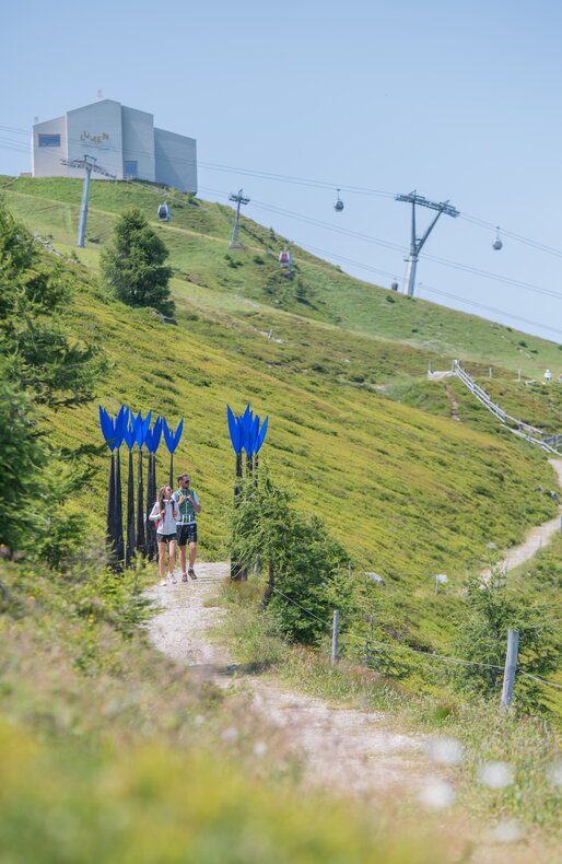 Zwei Menschen wandern durch  einen Pfad mit künstlichen übergroßen blauen Blumen unterhalb der Bergstation. | © Gianvito Coco