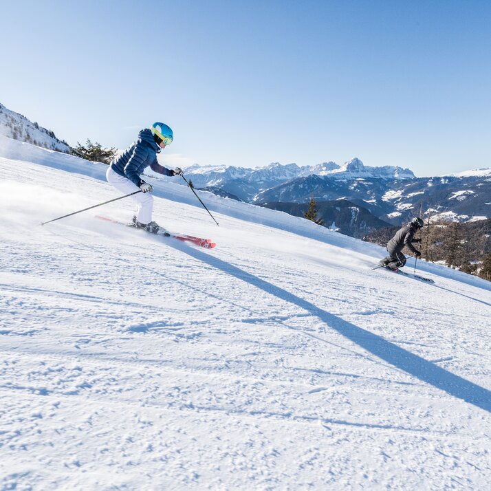 Zwei Skifahrer auf einer Piste bei strahlendem Sonnenschein. | © Harald Wisthaler